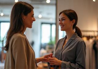 Happy customer interacting with staff in a modern retail store