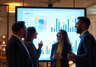 Tech startup team celebrating in front of a growth chart dashboard